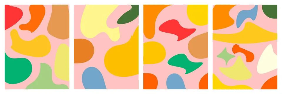 A collection of four artistic posters featuring abstract organic shapes and f Stock Illustration
