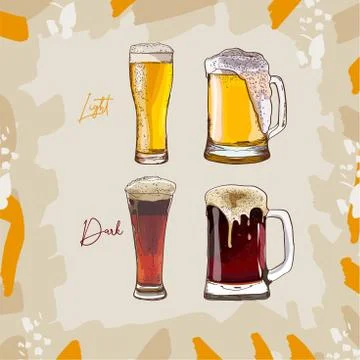 Collection of four dark and light glasses of beer, hand-drawing oktoberfest b Stock Illustration