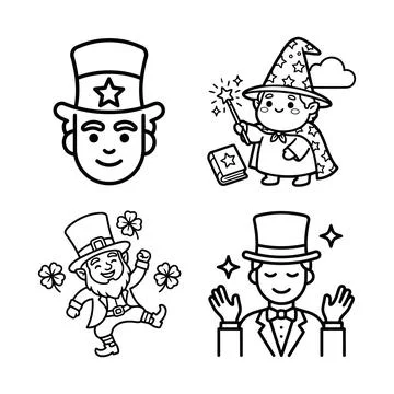Collection of four distinct line art illustrations featuring whimsical char.. Stock Illustration