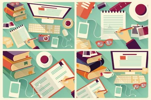 Collection of four flat design objects, work desk, long shadow, office desk, Stock Illustration
