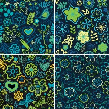 Collection of four floral patterns (seamlessly tiling). floral patterns set.  Stock Illustration