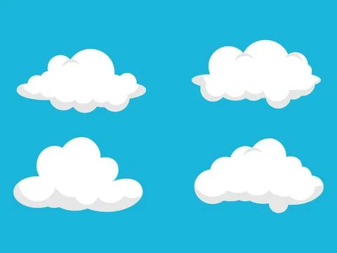 Collection of Four Fluffy Cartoon Clouds Isolated on a Bright Blue Sky Back.. Stock Illustration