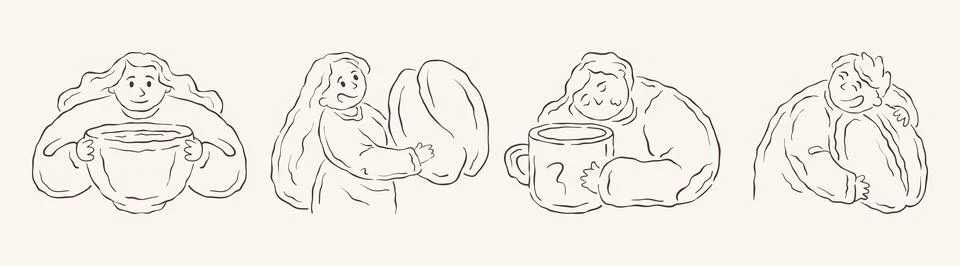 Collection of four hand-drawn characters showing love for coffee and bread. P Stock-Illustration