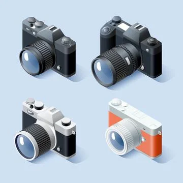 A collection of four isometric camera illustrations in modern and vintage s.. Stock Illustration