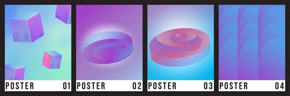 A collection of four modern posters featuring 3D geometric elements like cube Stock Illustration