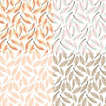 Collection of four seamless pattern designs with bohemian hand drawn feathers Illustrazione stock