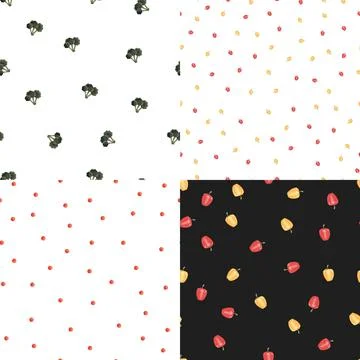 Collection of four seamless patterns with colorful vegetables. Stock Illustration