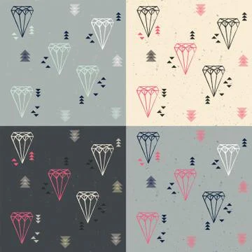 Collection of four seamless patterns with geometric diamonds and triangles Stock Illustration