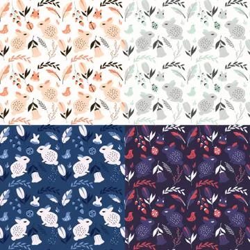 Collection of four seamless patterns with rabbits, lady bugs, birds and flowe Illustrazione stock