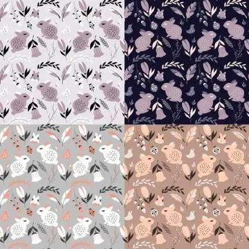 Collection of four seamless patterns with rabbits, lady bugs, birds and flowe Stock Illustration