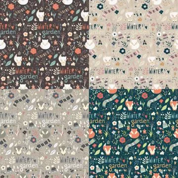 Collection of four seamless patterns with winter garden flowers, foxes and sc Stock Illustration