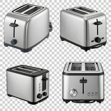Collection of four silver kitchen toasters shown from multiple angles on tr.. Stock-Fotos