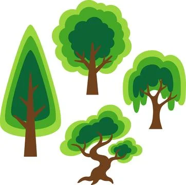 Collection of Four Stylized Trees in Different Shapes and Sizes. Stock Illustration