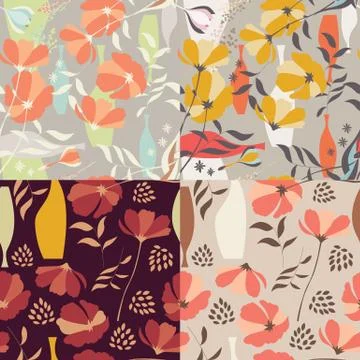 Collection of four vector seamless patterns with floral elements, spring flow Illustrazione stock