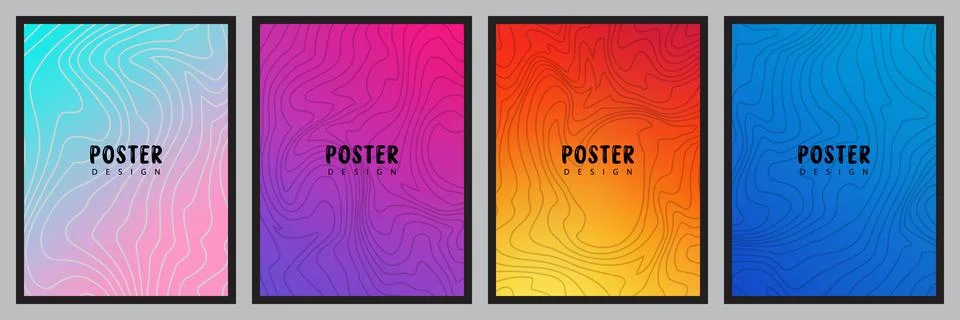 A collection of four vertical posters featuring abstract topographic wavy lin Stock Illustration