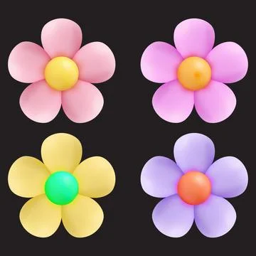 A collection of four vibrant 3D balloon-style flowers, each featuring five ro Stock Illustration