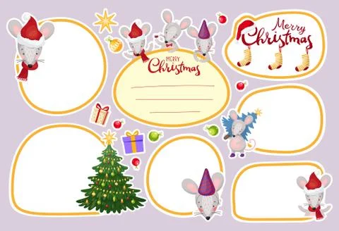 Collection of frame, stickers, labels. Patch with Christmas mice and New Year Stock Illustration