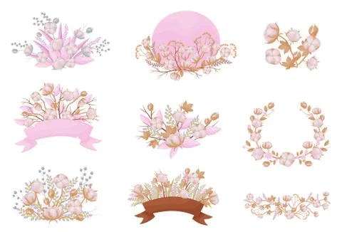 Collection of frames and ornaments made of cotton. Vector illustration on white Illustrazione stock