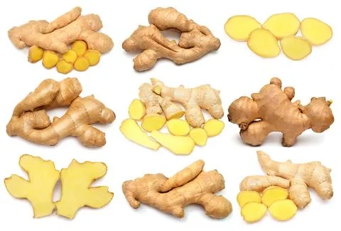 Collection fresh ginger root whole and slice isolated on white background. .. Stock Photos