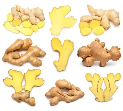 Collection fresh ginger root whole and slice isolated on white background. .. Stock Photos