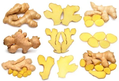 Collection fresh ginger root whole and slice isolated on white background. .. Stock Photos