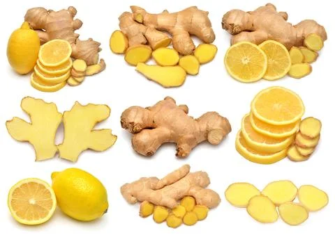 Collection fresh ginger root whole and slice with lemon isolated on white b.. Stock Photos