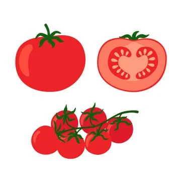 Collection of fresh red tomatoes vector illustrations. Half a tomato, a slice of Stock Illustration
