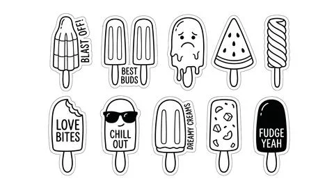 Collection of fun black and white popsicle sticker designs. Stock Illustration