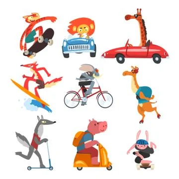 Collection of Funny Animal Characters Using Various Types of Vehicles, Cat, Lion Stock Illustration