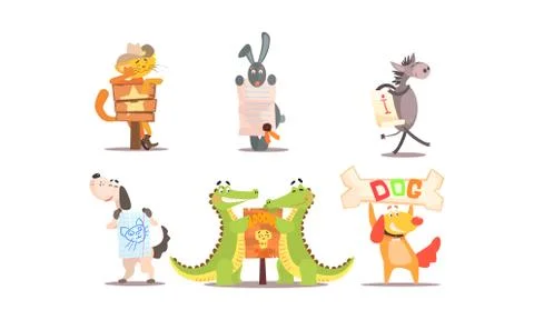 Collection of funny animals in different situations, amusing animals holding Stock Illustration
