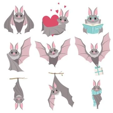 Collection of funny gray bats, cute creature cartoon characters in different Stock Illustration
