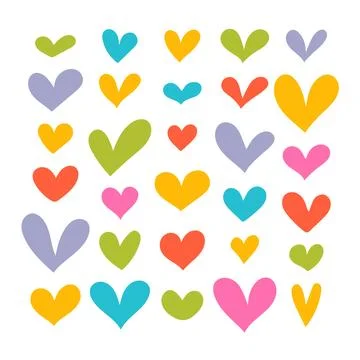 Collection of funny hand drawn hearts. Cute cartoon bright colored set of h.. Stock Illustration