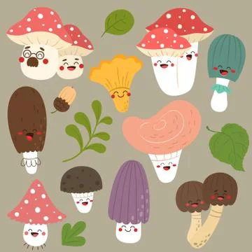 Collection of funny mushrooms. Vector isolates in flat cartoon style. Stock Illustration