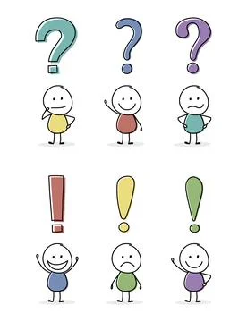 Collection of funny stickman with question mark and exclamation mark icon. Ve Stock Illustration