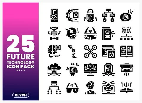 A collection of future technology glyph icons on a gradient background. Stock Illustration