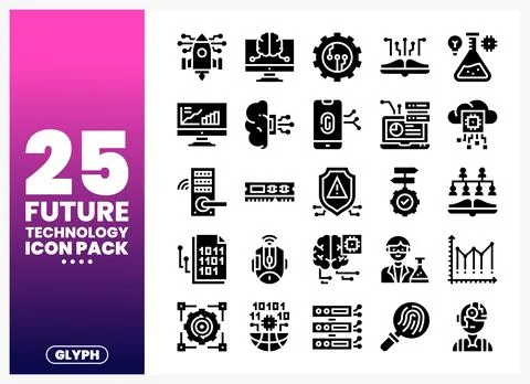 A collection of future technology icons in a glyph style on a pink and purp.. Stock Illustration