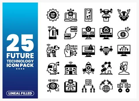 A collection of future technology lineal filled icons in a grid layout. Stock Illustration