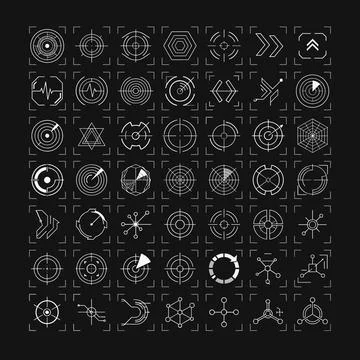 Collection of futuristic HUD interface elements, radar screens, crosshair t.. Illustrazione stock