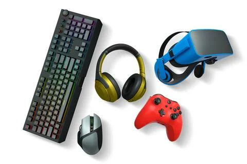 Collection of gaming accessories like headset, mouse, controller, keyboard, and Illustrazione stock