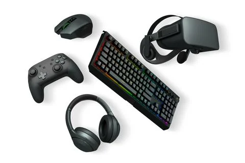 Collection of gaming accessories like headset, mouse, controller, keyboard, and Stock Illustration