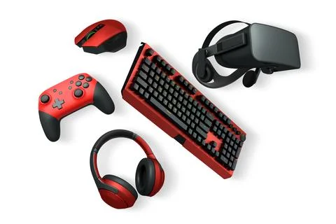 Collection of gaming accessories like headset, mouse, controller, keyboard,.. Stock Illustration