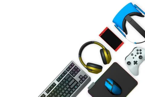 Collection of gaming accessories including headset, controller, keyboard, and VR Stock Illustration