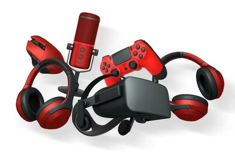 Collection of gaming accessories including headset, controller, microphone, and Stock Illustration