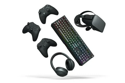 Collection of gaming accessories including headset, controller, keyboard, and VR Stock Illustration