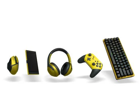 Collection of gaming accessories like keyboard, controller, mouse, phone, and Stock Illustration