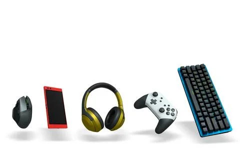 Collection of gaming accessories like keyboard, controller, mouse, phone, a.. Stock Illustration