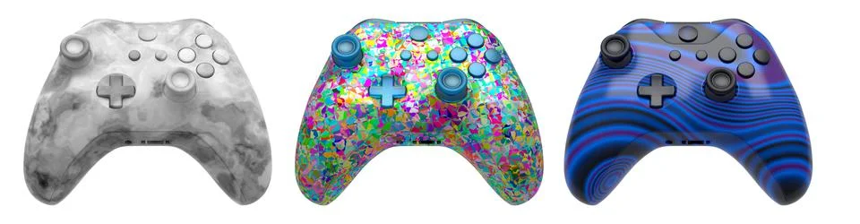 Collection of gaming controllers with different colors and designs for gaming Stock Illustration