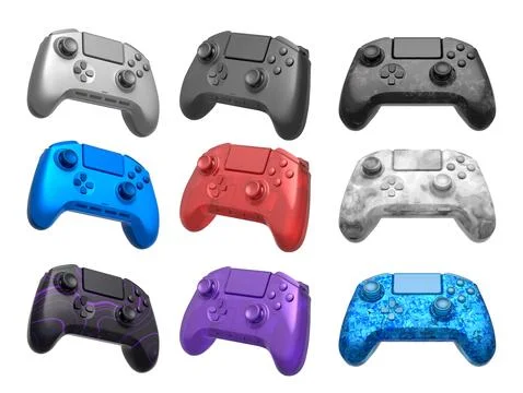 Collection of gaming controllers with different colors and designs for gaming Illustrazione stock