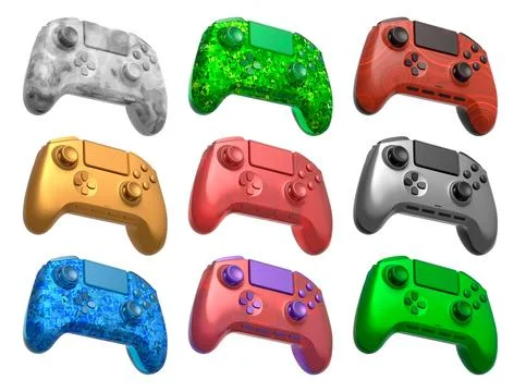 Collection of gaming controllers with different colors and designs for gaming Illustrazione stock