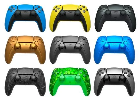 Collection of gaming controllers with different colors and designs for gaming Stock Illustration
